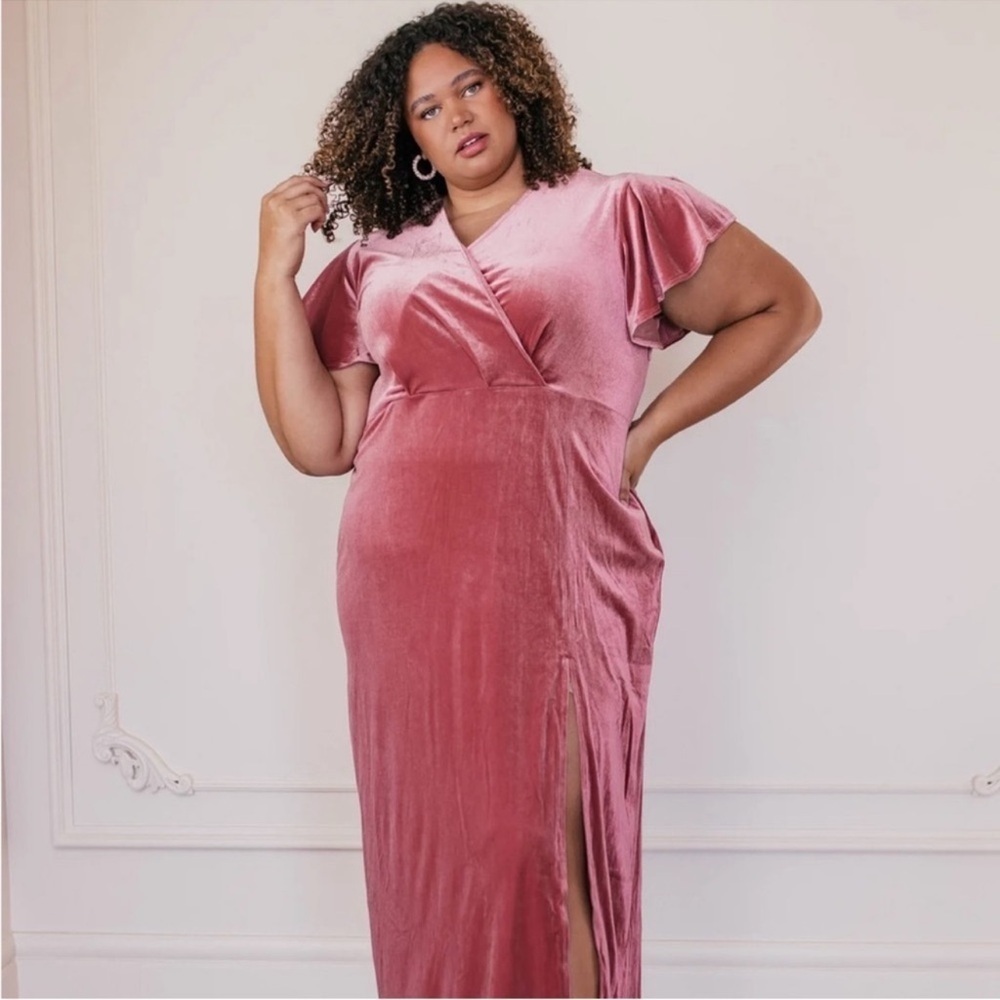 Jessakae | Everly Pink Velvet Flutter Sleeve Maxi Dress Gown Bridesmaid Formal